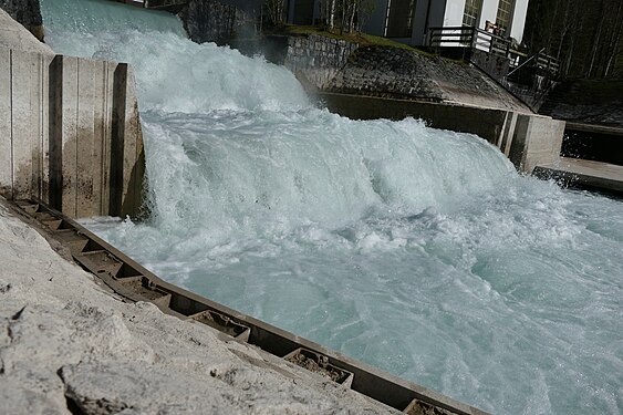 Waves at the hydroelectric power station Niedernach-Kraftwerk at Walchensee, Bavaria