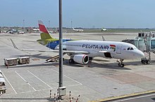 A Pelita Air Airbus A320-200 in the current livery at Soekarno Hatta Airport IPA320CGK Pelita Air A320.jpg
