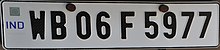 Indian vehicle registration plate in Indian standard format with international code IND Indian Vehicle Registration Plate - Kolkata 2011-07-29 4088 (cropped).JPG