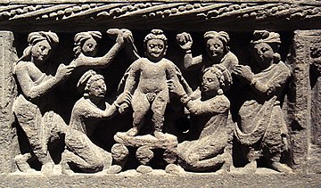 Buddha's first bath. Gandhara, 2nd century
