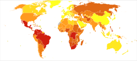 Deaths from Interpersonal violence in 2012 per million males. Statistics from WHO, grouped by deciles   0-10   11-21   22-33   34-52   53-83   84-111   112-141   142-204   205-343   344-1,616 * The following groupings/assumptions were made: ** France includes the overseas departments as well as overseas collectivities. ** The United Kingdom includes the Crown dependencies as well as the overseas territories. ** The United States of America includes the insular areas. ** The Netherlands includes Aruba and the Netherlands Antilles. ** Denmark includes Greenland and the Faroe islands.