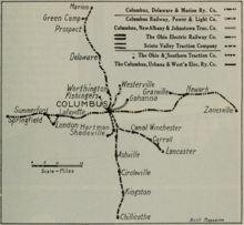 The interurban system in 1917 Interurbans in Columbus in 1917.png