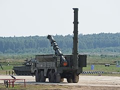 Russian Armed Forces Iskander-K TEL 9P78-1 raising two containers for 9M728 missiles, military-technical forum Army-2022, Alabino range, Moscow region, Russia