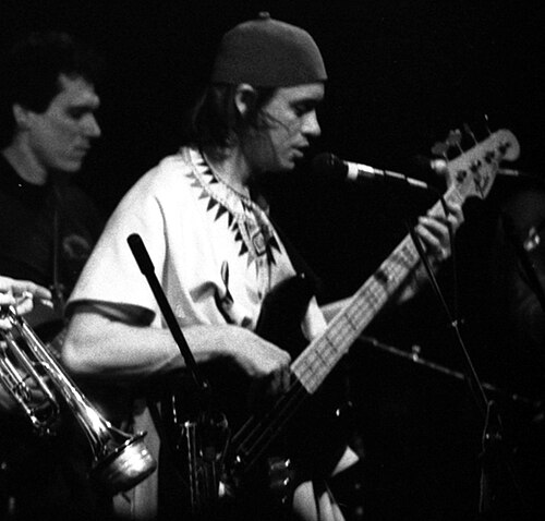 Bassist Jaco Pastorius, with Jorma Kaukonen (rear, left) performing in the Lone Star, New York City