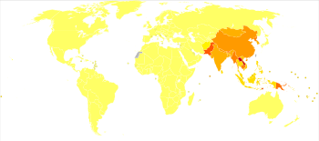 Disability-adjusted life year for Japanese encephalitis per 100,000 inhabitants in 2002
.mw-parser-output .div-col{margin-top:0.3em;column-width:30em}.mw-parser-output .div-col-small{font-size:90%}.mw-parser-output .div-col-rules{column-rule:1px solid #aaa}.mw-parser-output .div-col dl,.mw-parser-output .div-col ol,.mw-parser-output .div-col ul{margin-top:0}.mw-parser-output .div-col li,.mw-parser-output .div-col dd{page-break-inside:avoid;break-inside:avoid-column}
.mw-parser-output .legend{page-break-inside:avoid;break-inside:avoid-column}.mw-parser-output .legend-color{display:inline-block;min-width:1.25em;height:1.25em;line-height:1.25;margin:1px 0;text-align:center;border:1px solid black;background-color:transparent;color:black}.mw-parser-output .legend-text{}
no data
less than 1
1-5
5-10
10-15
15-20
20-25
25-30
30-35
35-40
40-45
45-50
more than 50 Japanese encephalitis world map - DALY - WHO2002.svg