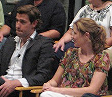 Krasinski with The Office co-star Jenna Fischer in 2009 Jim and Pam (3817592239) (cropped).jpg