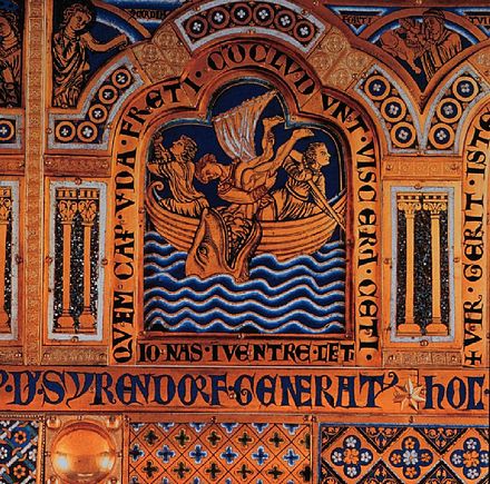 Depiction of Jonah in a champlevé enamel (1181) by Nicholas of Verdun in the Verduner altar at Klosterneuburg abbey, Austria.
