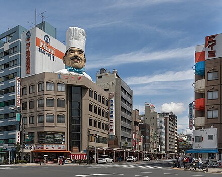 Kappabashi-dori streetcorner (Kitchen town - southern end) a sunny morning in Tokyo Japan