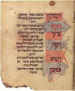 Testo ebraico con caratteri tipicamente sefarditi, Kaufmann Haggadah, Catalogna, XIV secolo.