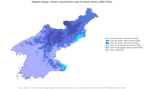 North Korea map of Köppen climate classification zones