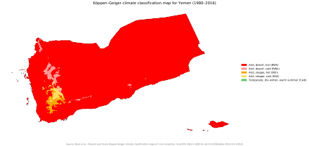 Yemen's Köppen climate classification map[284] is based on native vegetation, temperature, precipitation and their seasonality.       BWh Hot desert   BWk Cold desert   BSh Hot semi-arid   BSk Cold semi-arid   CWb Subtropical highland