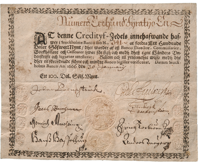 Банкнота, випущена Стокгольмським банком 1666 р.