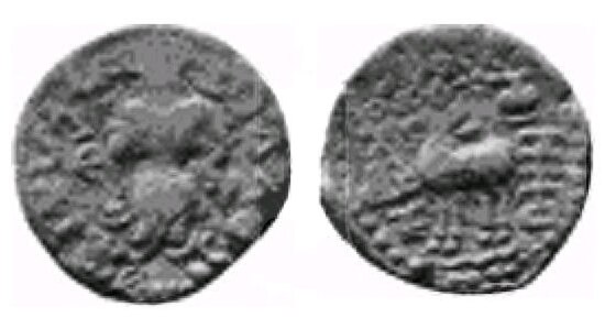 Coin of the Kunindas. Obv Shiva standing with battle-axe trident in right hand and leopard skin in left hand. Legend Bhagavato Chatreswara Mahatana. R