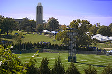 Kansas Football's new practice fields and tailgaters on the hill below the Campanile Kupracticefields.jpg