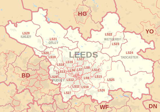 LS postcode area map, showing postcode districts in red and post towns in grey text, with links to nearby BD, DN, HG, WF and YO postcode areas. LS postcode area map.svg