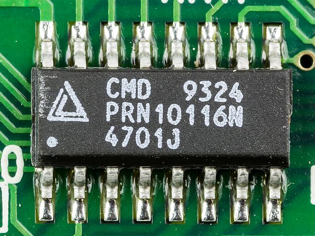 Small-outline integrated circuit. This package has 16 "gull wing" leads protruding from the two long sides and a lead spacing of 0.050 inches.