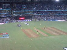 Chennai Super Kings playing Mumbai Indians at Wankhede Stadium, Mumbai in 2012 Last stategic time out.JPG