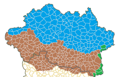 Les trois bourbonnais selon l'Atlas sonore des langues régionales (Allier + nord Puy-de-Dôme)[3]. En bleu : le bourbonnais d'oïl ; en marron : le bourbonnais (et marchois) du Croissant ; en vert : le bourbonnais arpitan.