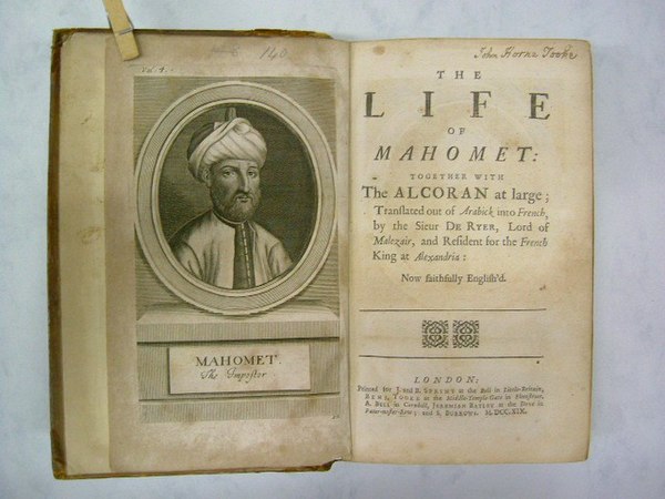 An engraving of Muhammad in The Life of Mahomet, containing an English translation of the Qur'an derived from the French translation L'Alcoran de Maho