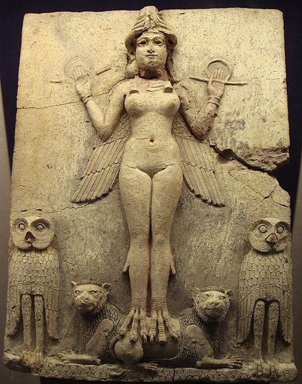 The Burney Relief, a likely representation of either Ereshkigal or Ishtar, from the Isin-Larsa or First Babylonian Dynasty; 19th–18th century BC; clay; height: 49.5 cm, width: 37 cm, thickness: 4.8 cm; made in Babylonia; British Museum (London)