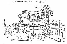 Ruine des Donjons Friedrichs II. im Kastell von Lucera (Apulien); Zeichnung von Desprez aus dem Jahr 1778