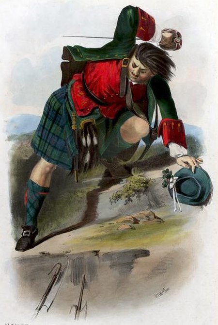 A romanticised Victorian-era illustration of a Clan Mackenzie clansman by R. R. McIan from The Clans of the Scottish Highlands published in 1845.