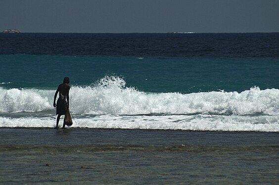 Fisherman in shallow water at Anse Nord d'Est, Mahé, Seychelles