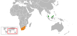 Mapa označující umístění Malajsie a Jižní Afriky