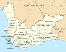 The division of the Western Cape into municipalities. Map of the Western Cape with municipalities labelled.svg