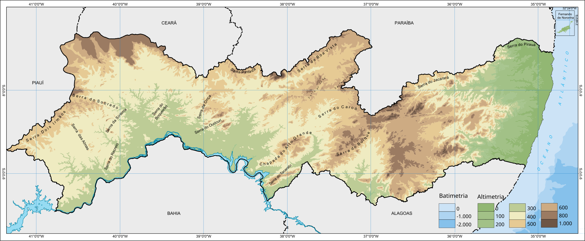 Resultado de imagem para MAPA RELEVO PERNAMBUCO