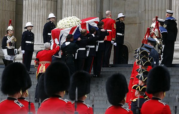 Margaret Thatcher's coffin being carried up the steps of St Paul's Cathedral