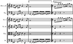 Simplest form of metric modulation, unmarked ( = ), in a piece by J.S. Bach. Slow introduction followed by an allegro traditionally taken at double the speed. Sixteenth notes in the old tempo prepare for eighth notes in the new tempo.
Without repeat Metric modulation Bach.png