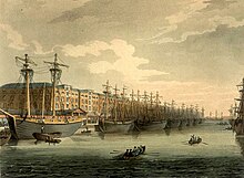 West India Docks by Augustus Pugin and Thomas Rowlandson (figures) from Rudolph Ackermann's Microcosm of London, or, London in Miniature (1808-11). Microcosm of London Plate 092 - West India Docks Microcosm edited.jpg