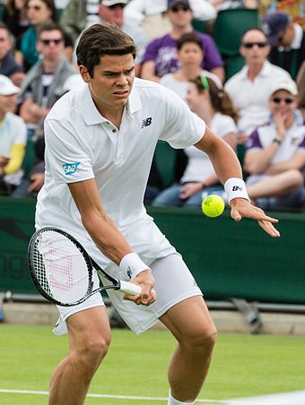 Raonic prepares to play a volley at Wimbledon in 2013