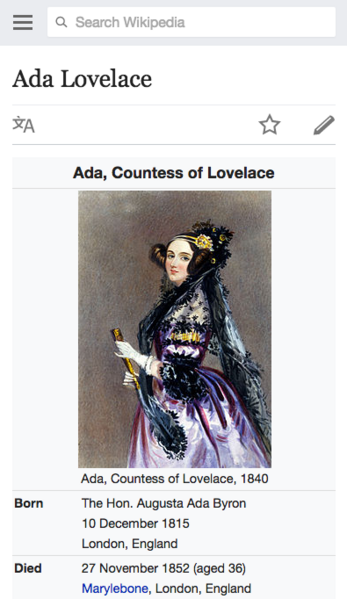 Article Ada Lovelace en anglais avec l'agencement habituel où le premier paragraphe introductif est en-dessous de l'infobox.