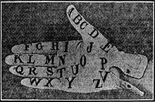 Schwarzweiss-Foto einer behandschuhten Hand. Alle 26 Buchstaben des Alphabets sind auf der Handfläche des Handschuhs aufgedruckt.