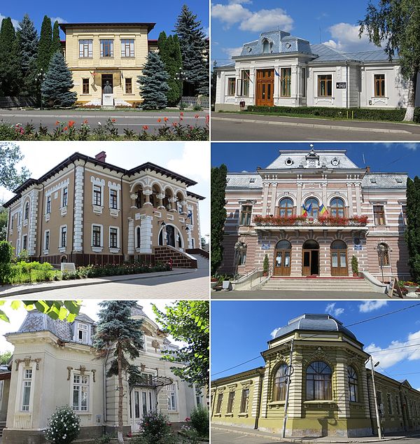 From top-left, clockwise: Nicu Gane National College, House of Notable People, City Hall, Mihai Băcescu Water Museum, Children's House, Ion Irimescu A