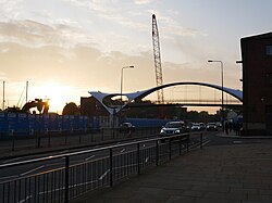 The early November sunset beside a newly-installed footbridge over Castle Street in Kingston upon Hull.