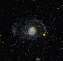 An ultraviolet image of NGC 4625 taken with GALEX shows a disc four times larger than what is seen in visible light NGC 4625 I FUV g2006.jpg