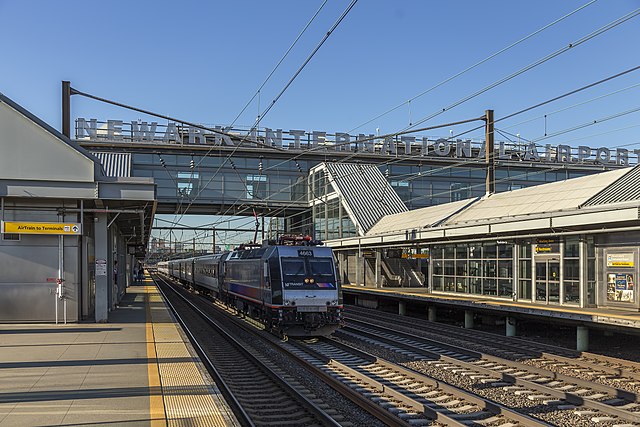 An NJ Transit train passes through the station in 2017.