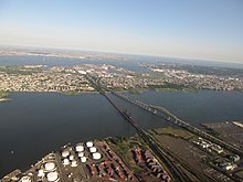 Newark Bay looking east to Jersey City and Bayonne New Jersey Turnpike Crossing Newark Bay.jpg