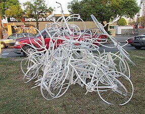 Ghost bike sculpture on Elysian Fields Avenue, New Orleans, 2017