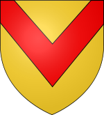 The shield of the City of Newport. The shape is a traditional shield, square at the top, curving to a pointed central edge at the base. The shield is amber with a chevron pointing down (red, V-shaped) from the top corners to the middle.