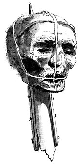 A drawing of Oliver Cromwell's head on a spike Oliver Cromwell's head, late 1700s.jpg