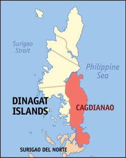 Mapa ng Dinagat Islands na nagpapakita sa lokasyon ng Cagdianao.