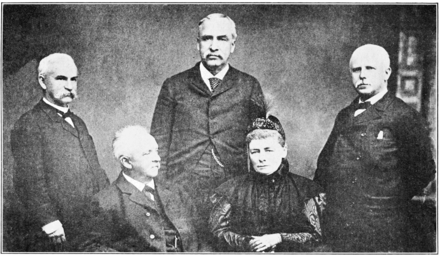 Group photograph of Hermann Helmholtz, his wife (seated) and academic friends Hugo Kronecker (left), Thomas Corwin Mendenhall (right), Henry Villard (center) during the International Electrical Congress