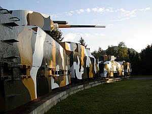 The Hurban armoured train located in Zvolen, Slovakia. It is not the original, but a replica used in a film. Only two preserved original cars from the other train exist; they are exhibited in the Museum of the Slovak National Uprising in Banska Bystrica. Pancierovy vlak-Zvolen.jpg