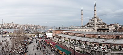 Panoramic view of Istanbul- Yeni Cami (The New Mosque), Galata Bridge. Turkey, Southeastern Europe
