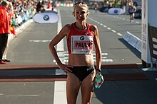 Paula Radcliffe at the finish, having completed her first marathon in two years. Paula Radcliffe in Berlin.jpg