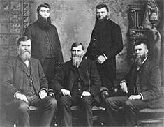 The five Studebaker brothers--founders of the Studebaker Corporation: Left to right, (standing) Peter and Jacob; (seated) Clem, Henry, and John M. Peter, Jacob, Clement, Henry and John Mohler Studebaker.jpg